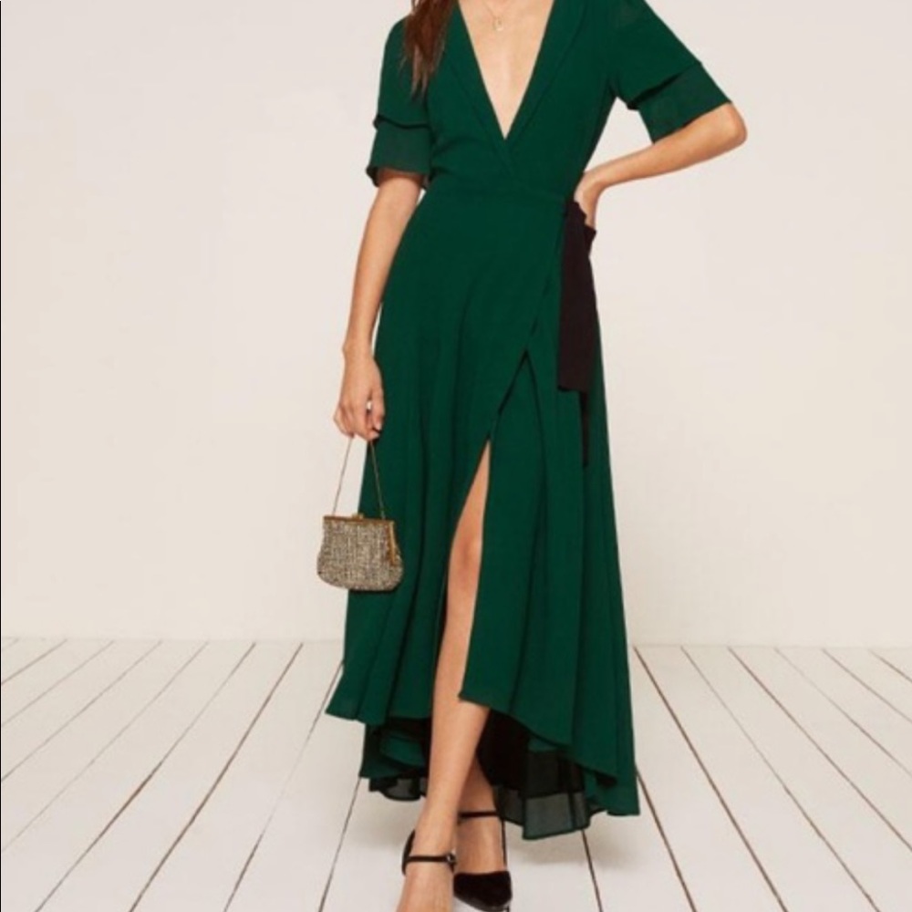NWT Reformation xs emerald green layley floor length formal dress w black sash